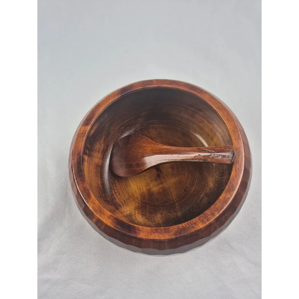 Vintage Made In Japan Hand Carved Wood Salad Serving Bowl Spoon Hammered Set 6